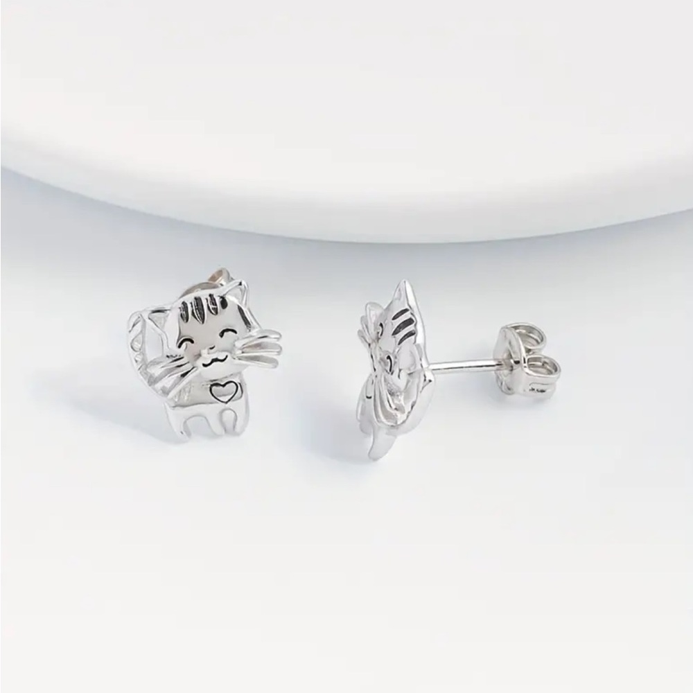 Sterling Silver Cat Heart Stud Earrings - Picture 3 of 7
